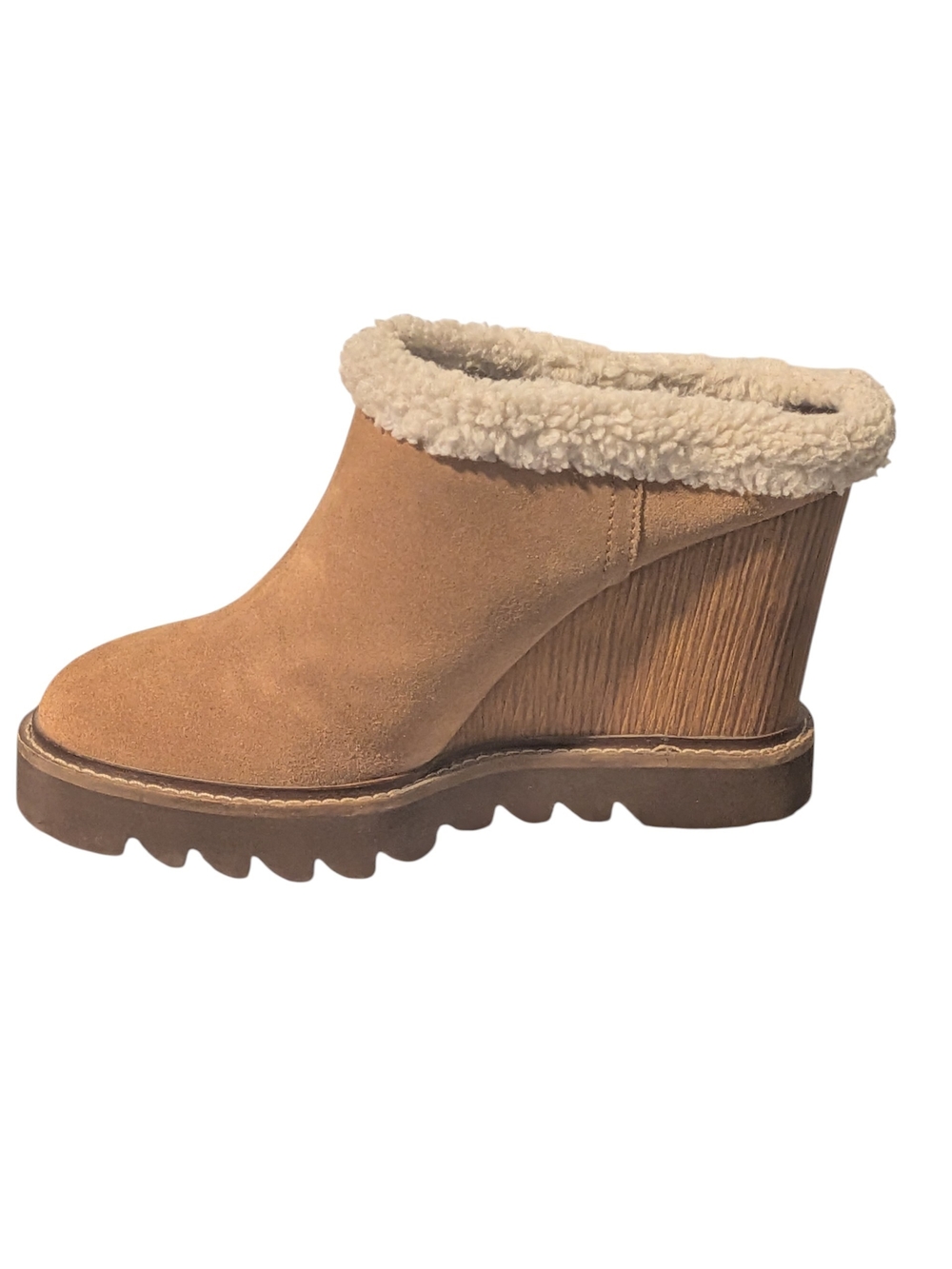 BCBGeneration Tan Suede Wedge Clog with Cream Shearling Trim